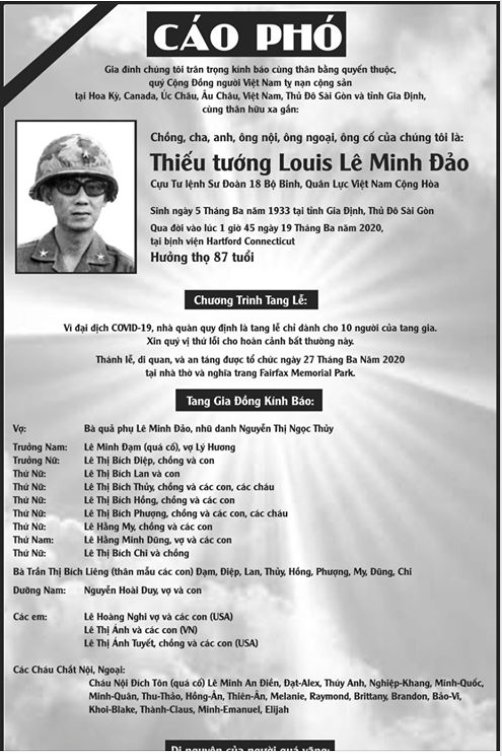 CÁO PHÓ Thiếu Tướng Louis LÊ MINH ĐẢO | Quảng Ngãi Nghĩa Thục